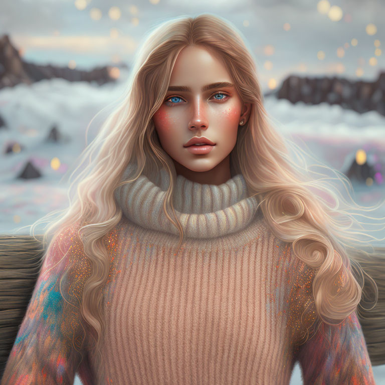 Blonde woman with blue eyes in turtleneck against winter backdrop