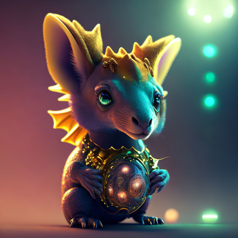 Fantasy creature with large ears and glowing orbs in colorful setting
