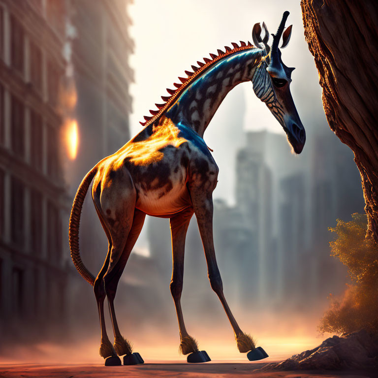 Vibrant creature with giraffe head in urban canyon