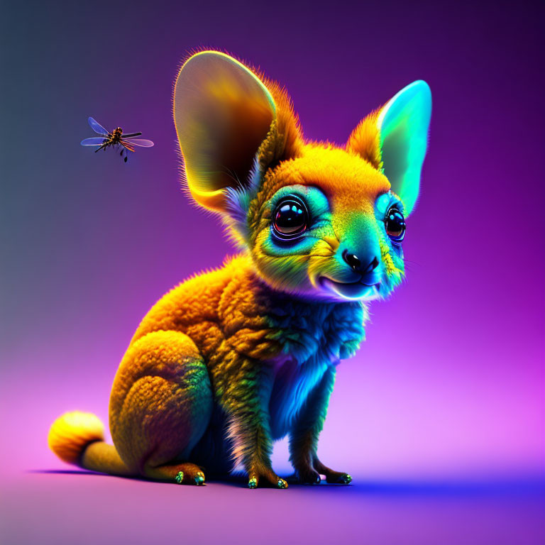 Colorful Creature with Large Ears and Green Eyes Observes Dragonfly on Purple Background