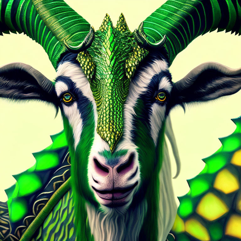 Fantastical creature with goat head, green scales, twisted horns, and yellow eyes