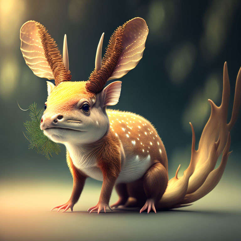 Fantastical creature with fawn and squirrel features and moth-like wings.