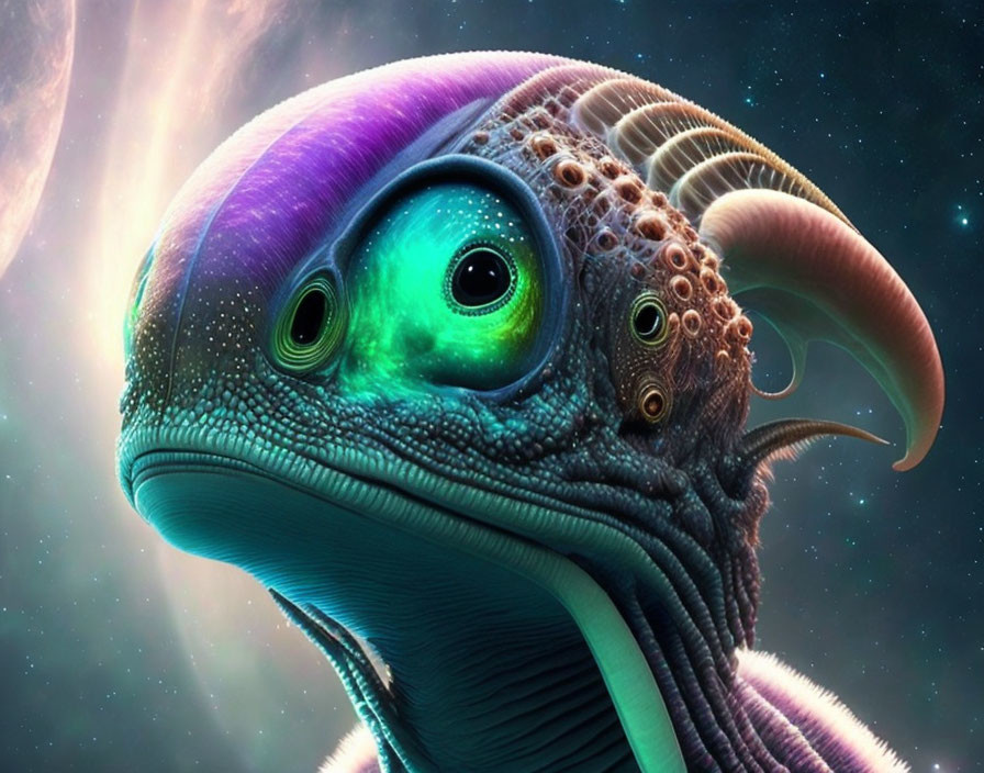 Intricate colorful alien creature with green eyes and tentacles in cosmic setting