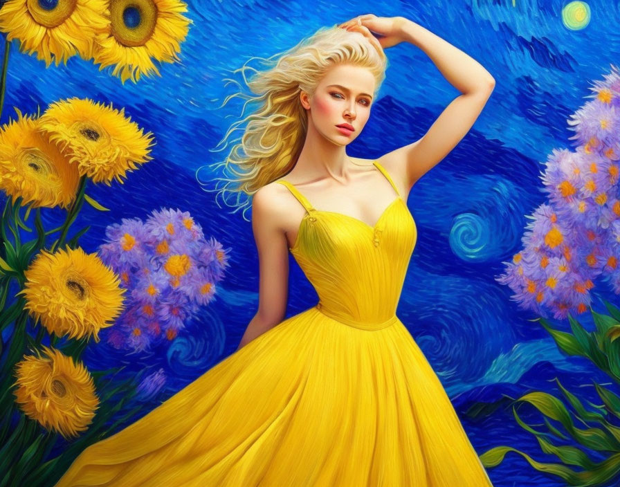 Woman in Yellow Dress Posing with Raised Arm in Vibrant Floral Setting