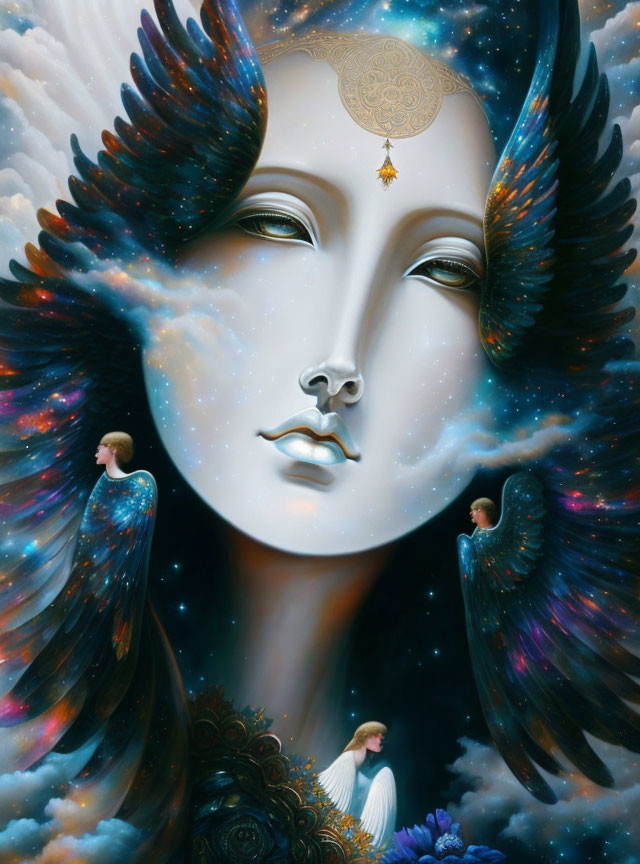 Ethereal portrait of angelic figure with cosmic wings and golden crescent
