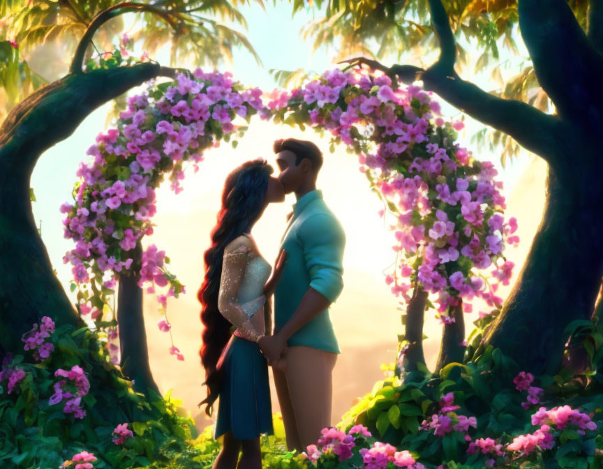 Animated characters kiss under floral archway in magical forest