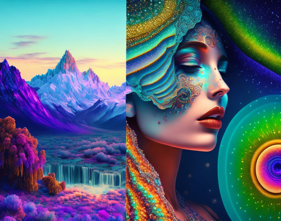 Colorful Mountain Landscape with Waterfall and Fantasy Woman's Face Design