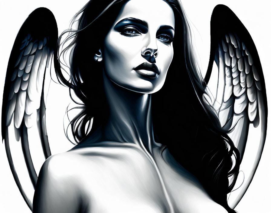 Monochromatic artistic illustration of a woman with angel wings