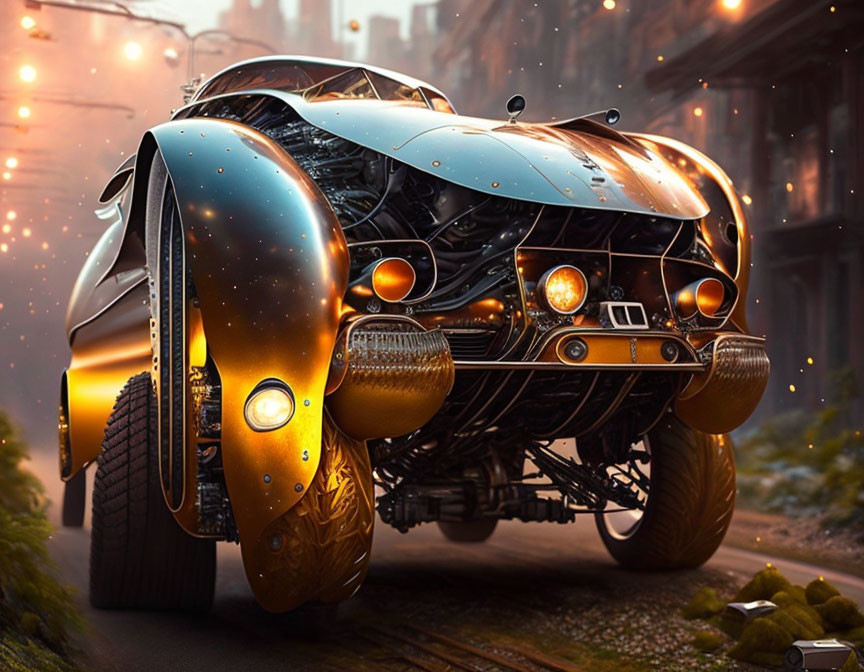 Futuristic golden-black vehicle with exposed mechanical parts in city at dusk