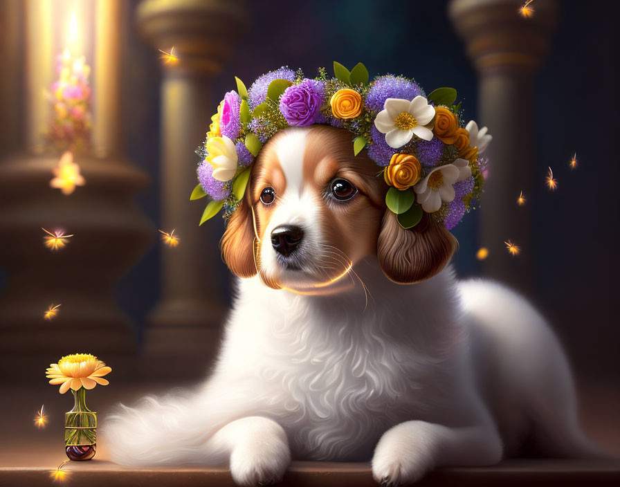 Digital artwork: Serene dog with floral crown near classical column, fireflies, and flower vase.