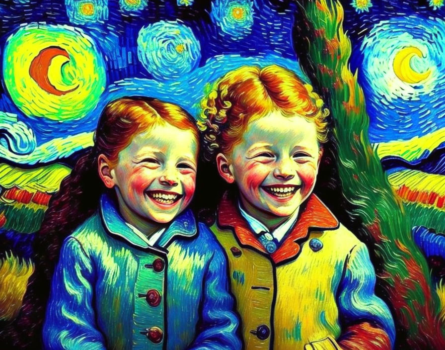 Vibrant post-impressionistic artwork of joyful children in Van Gogh style