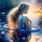 Serene painting of a woman with fairy wings on lily pad in moonlit pond