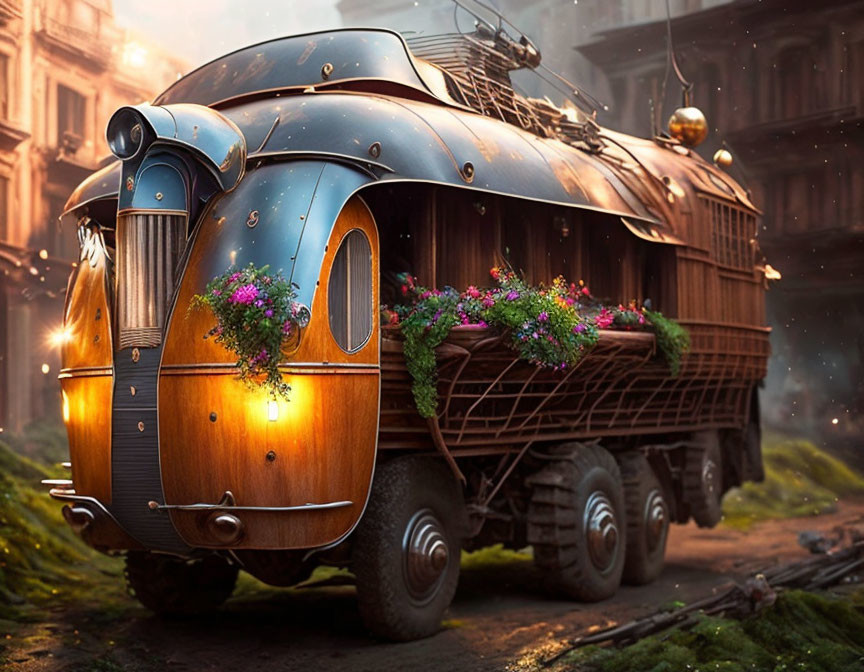 Retro-futuristic bus with flower decorations on mossy ground