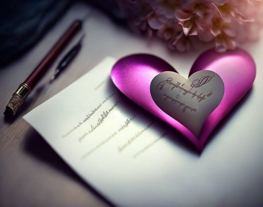 Pink heart-shaped paper with cursive writing, pen, and flowers on desk