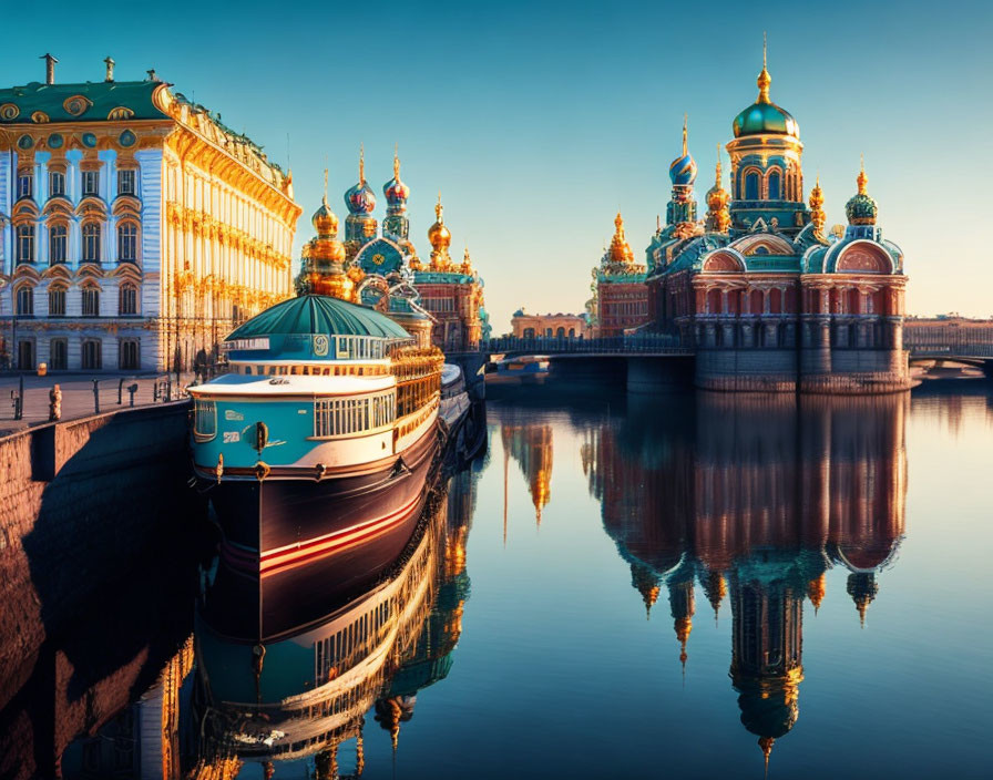 Tour boat on calm river with Church of the Savior on Spilled Blood domes in background