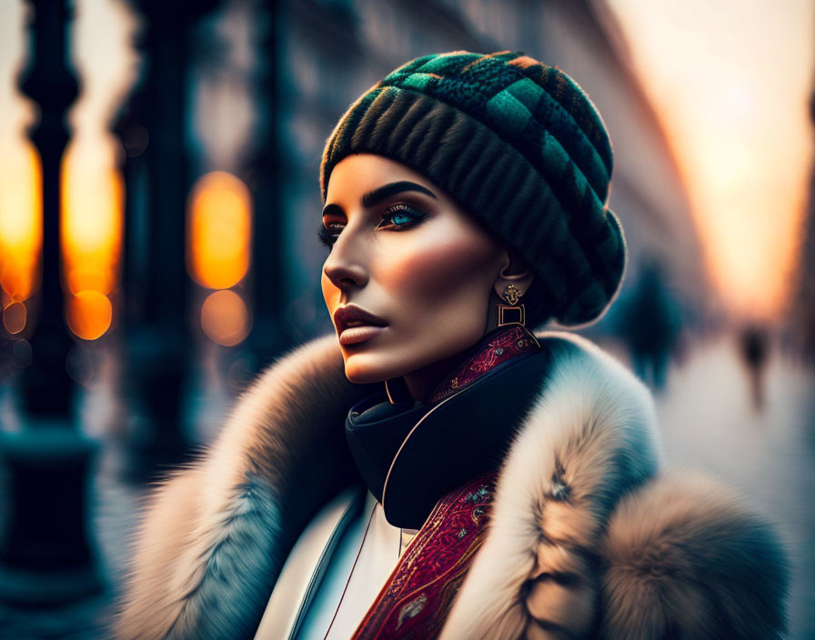 Woman in fur-collared coat and green beanie with striking makeup in cityscape setting at golden