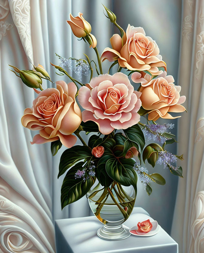 Digital painting of pink roses and baby's breath on a vase pedestal with white curtains