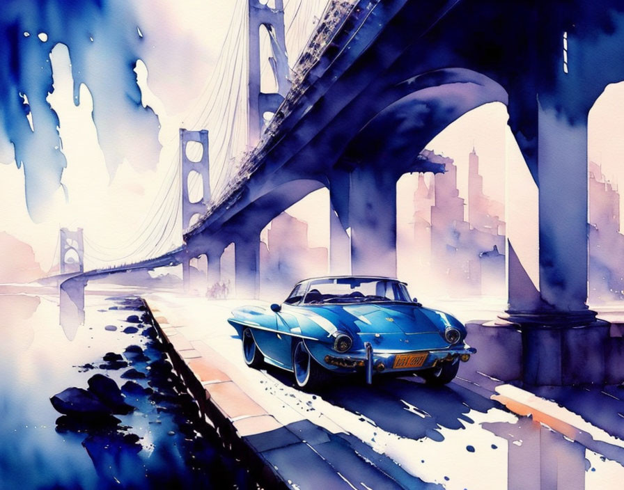 Colorful Watercolor Illustration of Blue Car Under Bridge