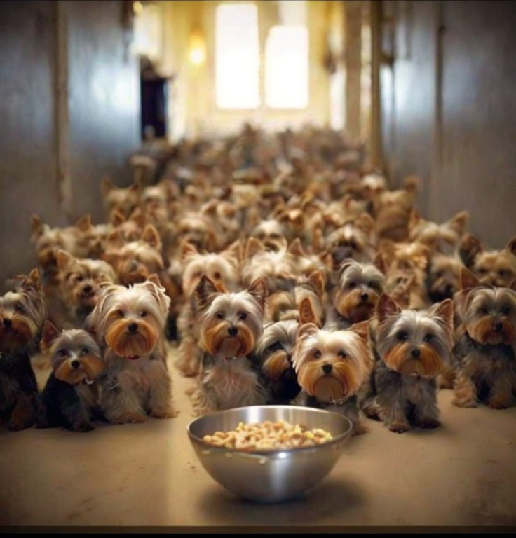 Numerous Yorkshire Terriers around a bowl of food in a softly lit hallway
