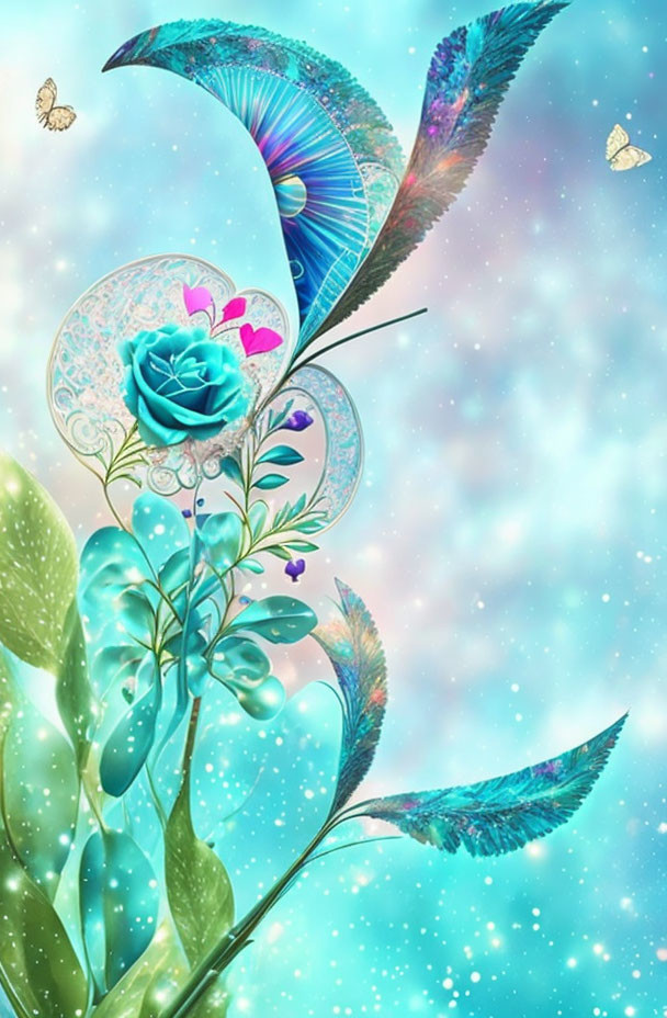 Colorful Artwork: Blue Rose in Sphere with Feathers, Butterflies, and Sparkling Background