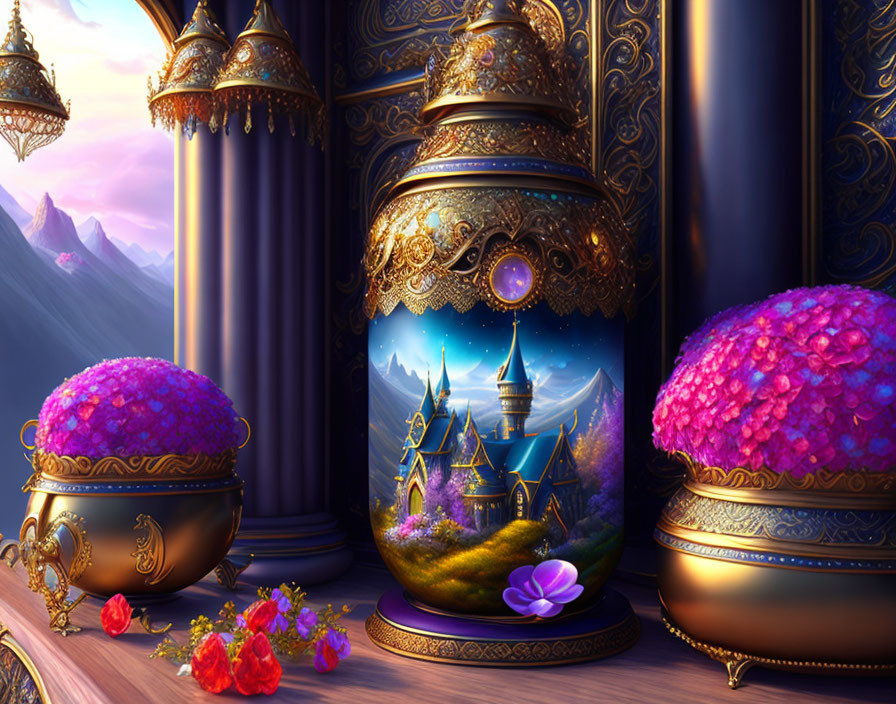 Fantasy scene with jeweled containers, castle, and mountains.