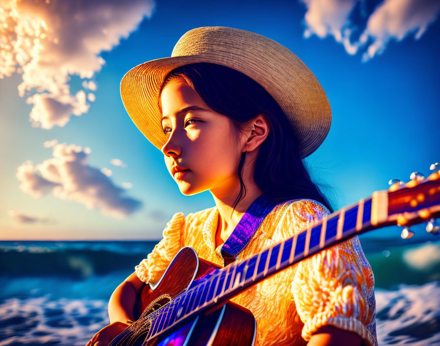 Woman in hat plays guitar on beach at sunset with blue skies and fluffy clouds