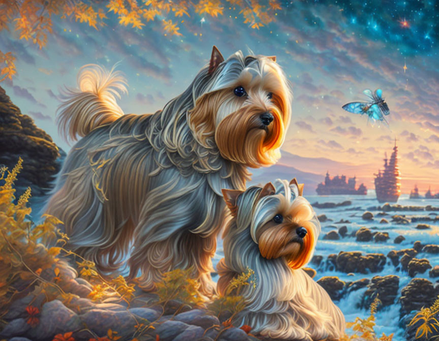 Fantastical autumn landscape with two Yorkie dogs