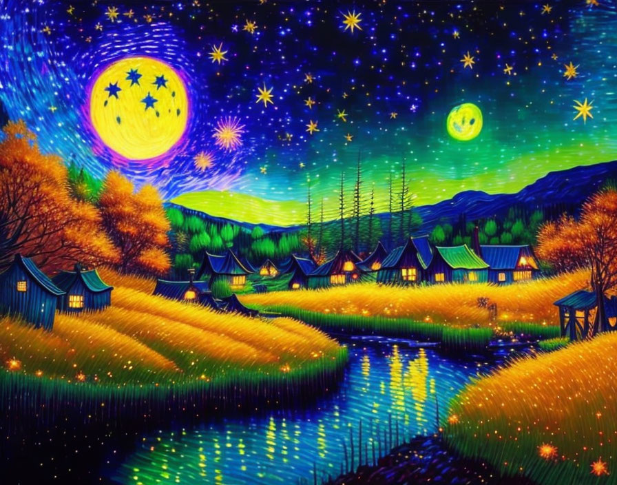 Colorful Whimsical Night Scene with Two Moons and River Reflections