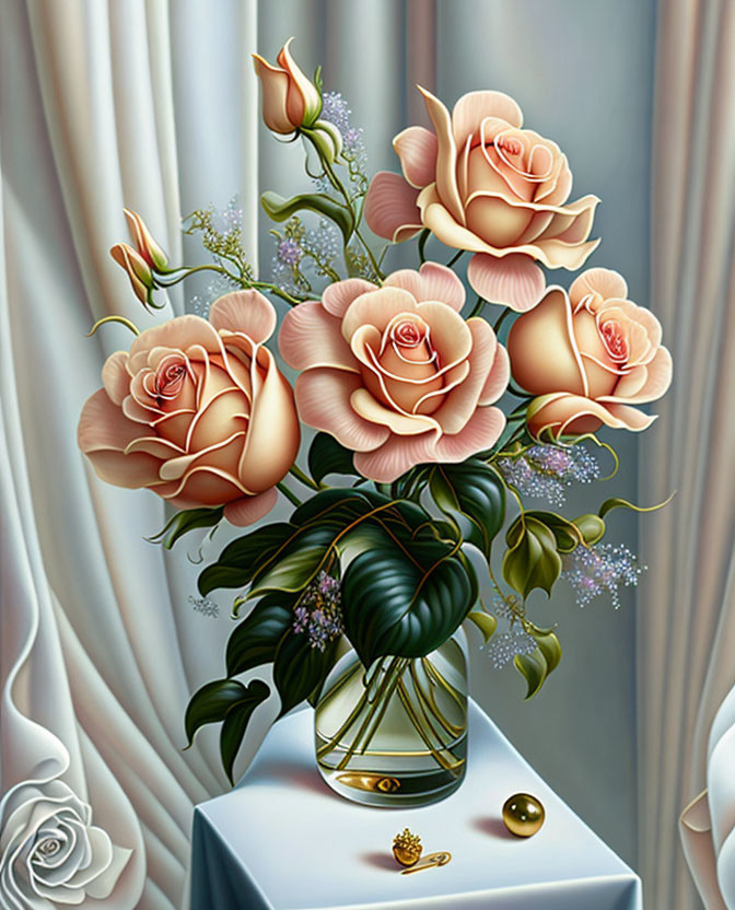 Detailed Illustration of Peach Roses in Clear Vase with Gold Ring and Pearl