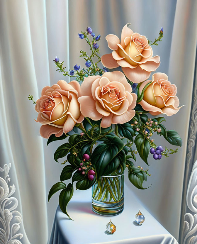 Hyper-realistic painting of peach roses and blue/purple flowers in glass vase on table with white curtains
