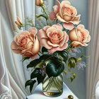 Digital painting of pink roses and baby's breath on a vase pedestal with white curtains