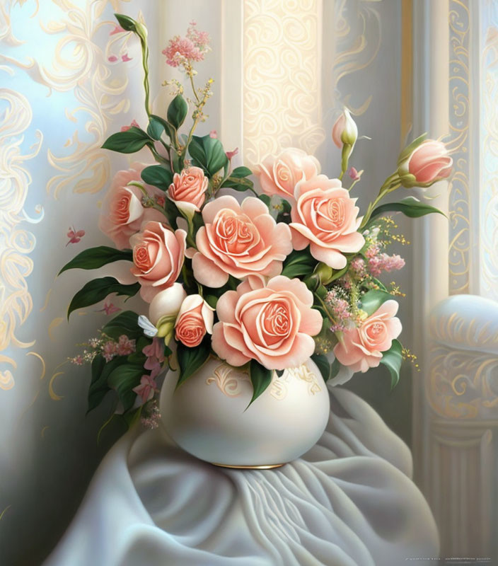 Pink roses in a vase on draped cloth against ornate background