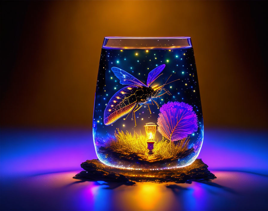Glass sculpture with glowing butterfly, lightbulb, and plants on dark background