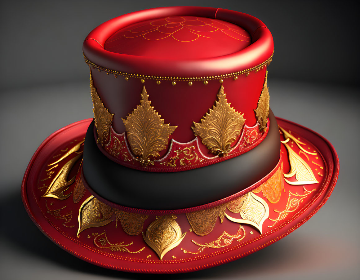 Luxurious red and gold ornate hat with golden leaf patterns on grey background