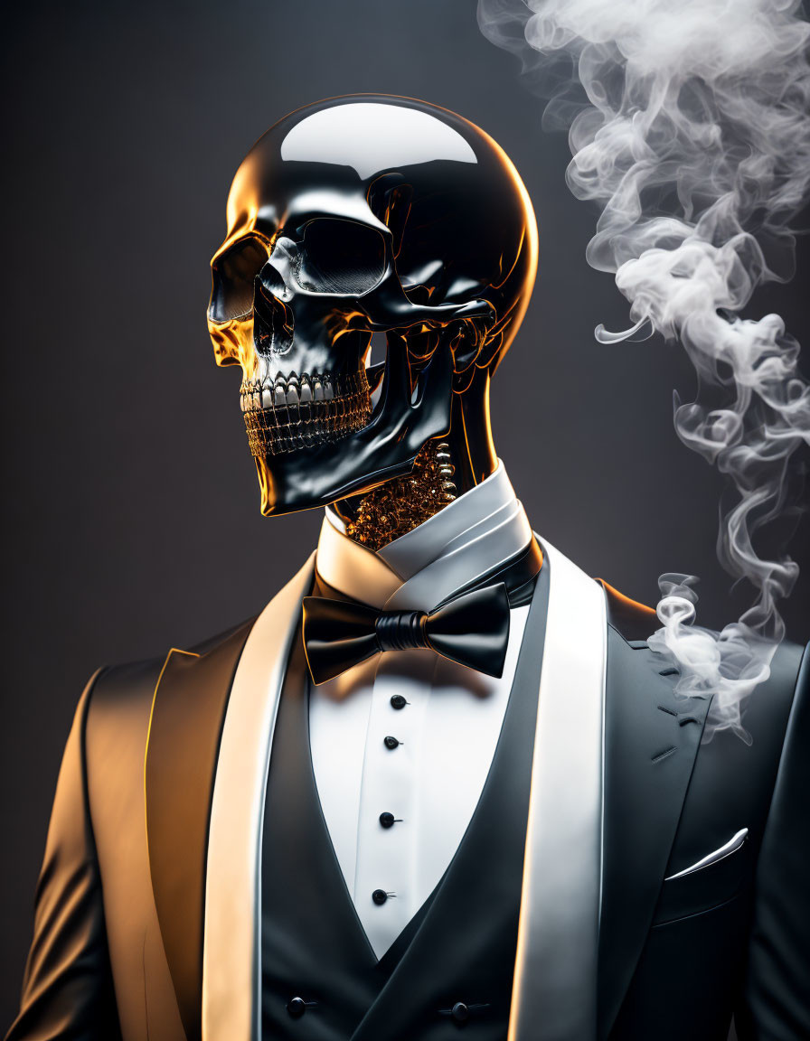 Golden Skull in Tuxedo with Smoking Pipe on Dark Background