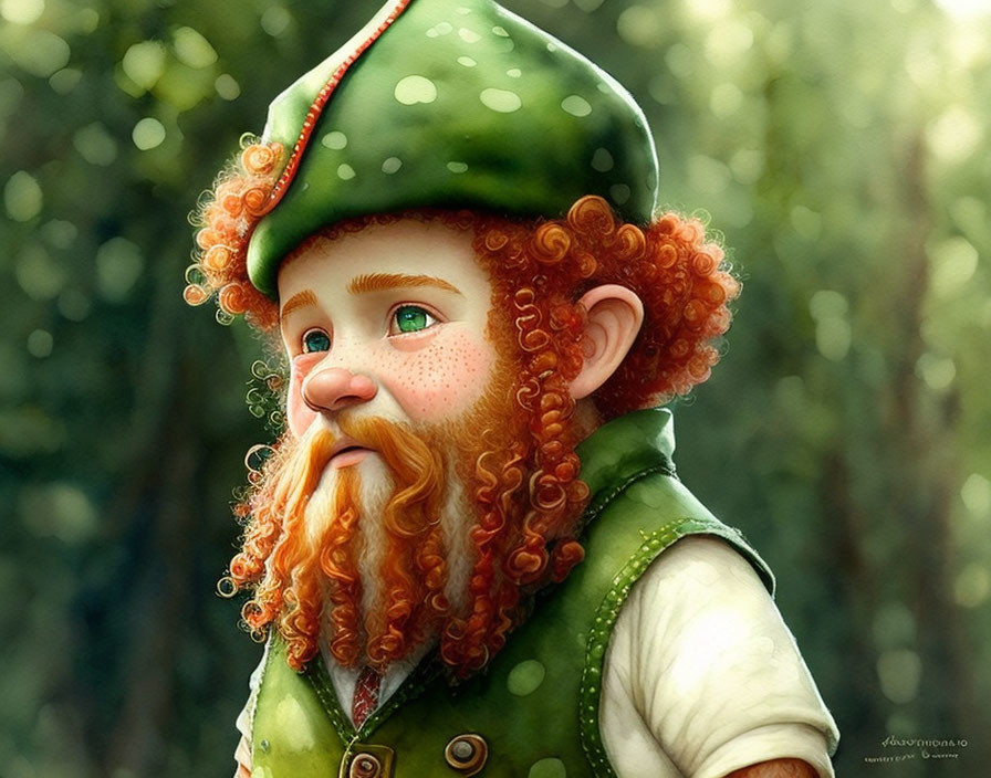 Illustration of bearded character with red hair in green attire against forest backdrop