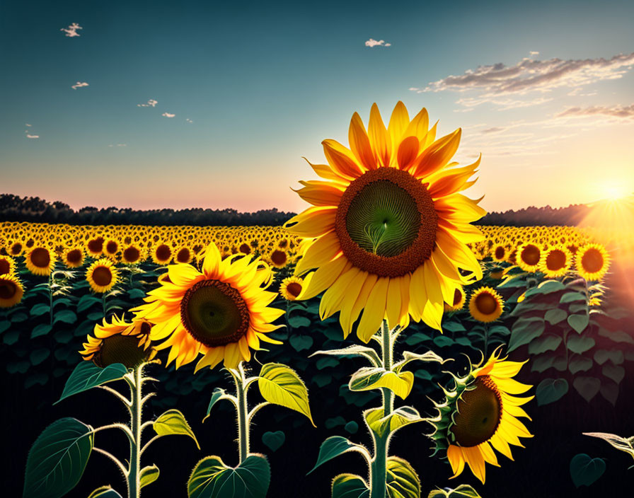 Vibrant sunflower field at sunset with sunbeams and clouds
