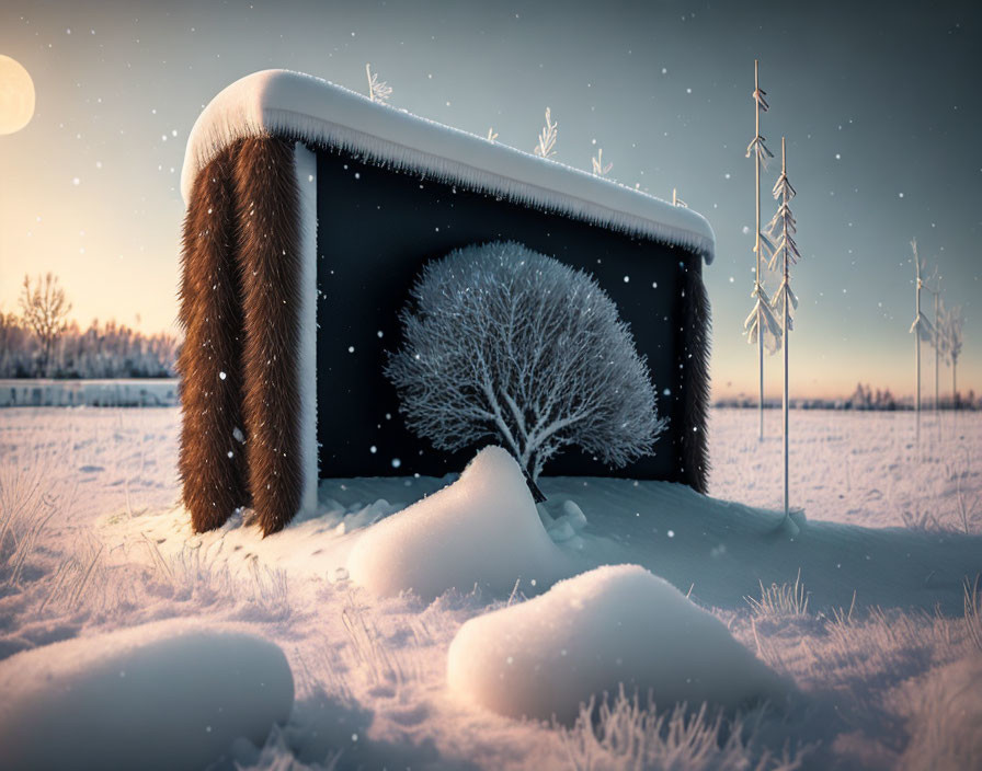 Surreal winter landscape with inverted cube structure and lone tree under snowfall