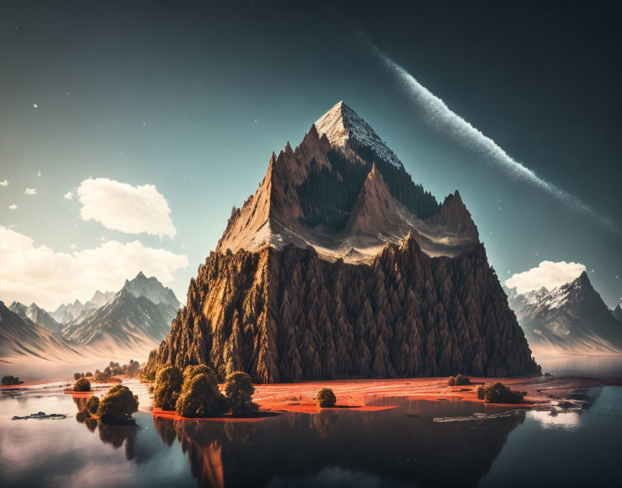 Snow-capped mountain peak in serene landscape with river and striking contrail