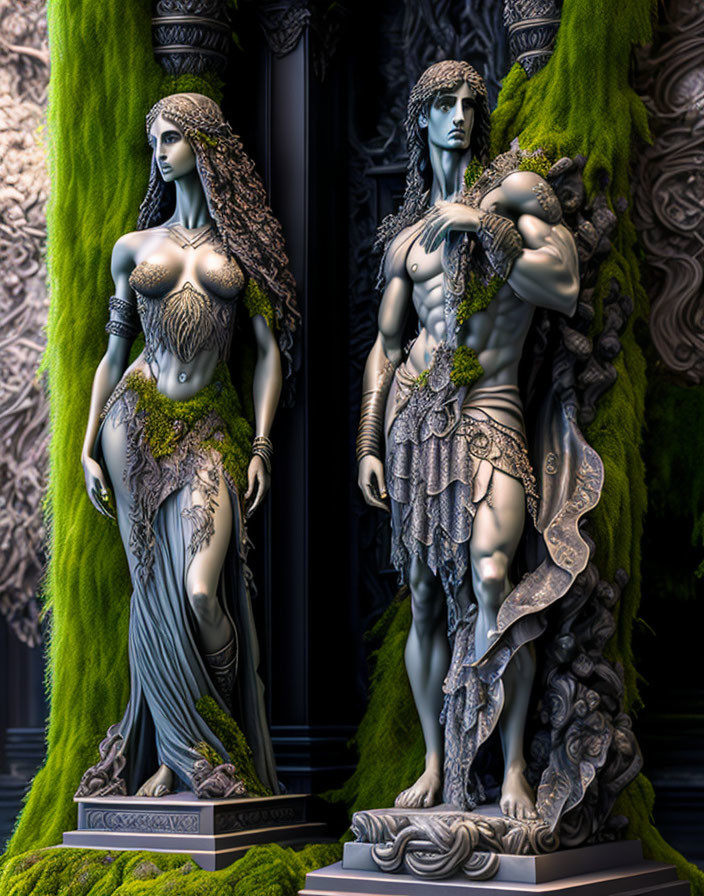Male and female statues in nature-themed attire against ornate backdrop