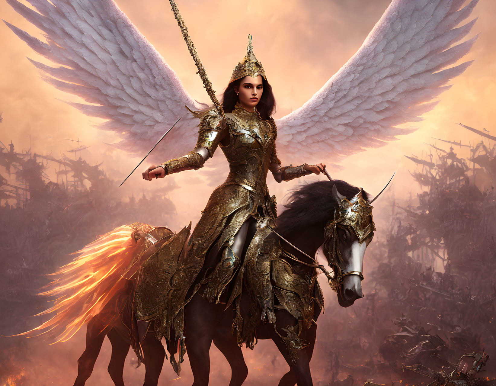 Golden-armored warrior on white horse with spear and wings, fiery battlefield.