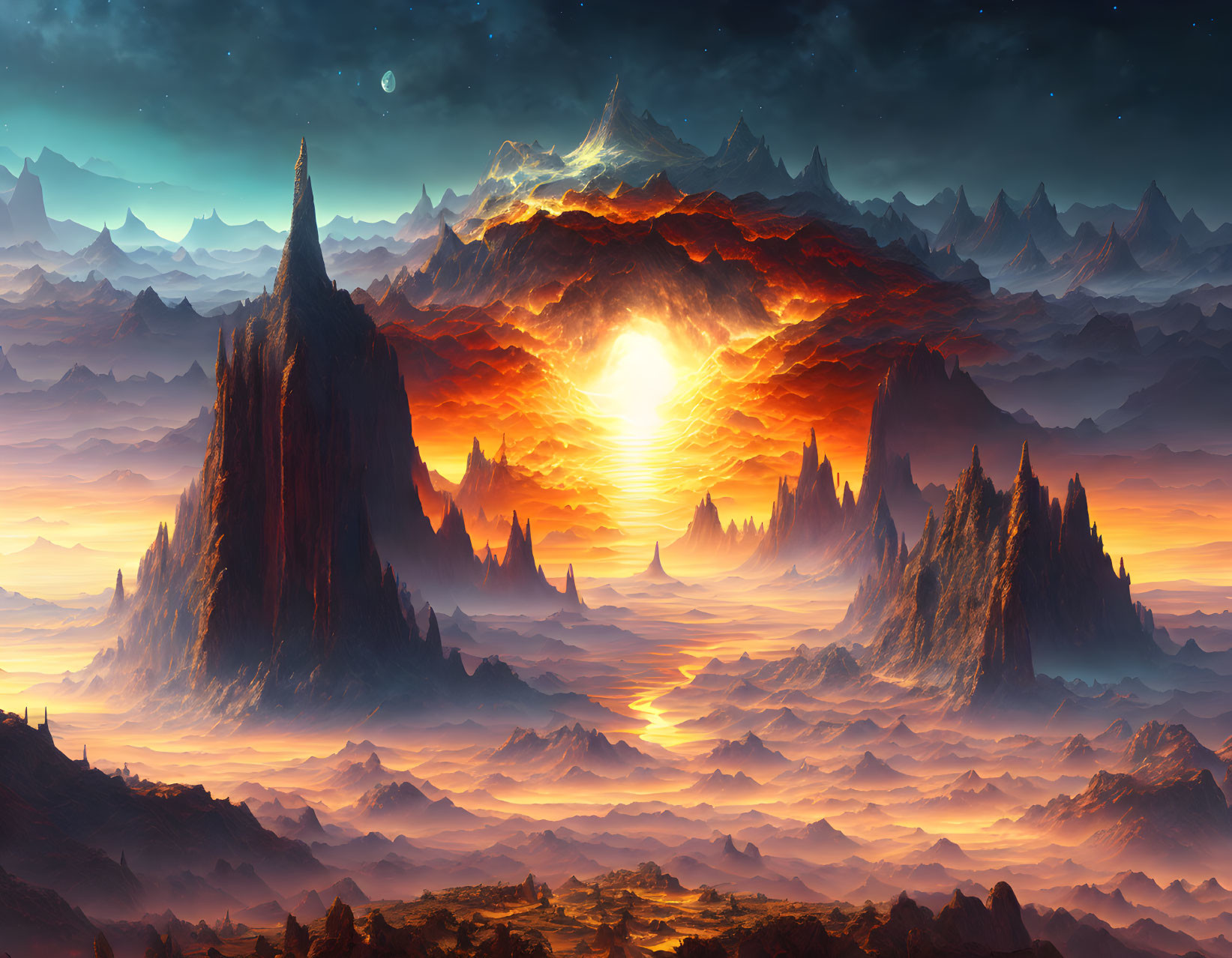 Fantastical sunset landscape with rocky spires and bright sun