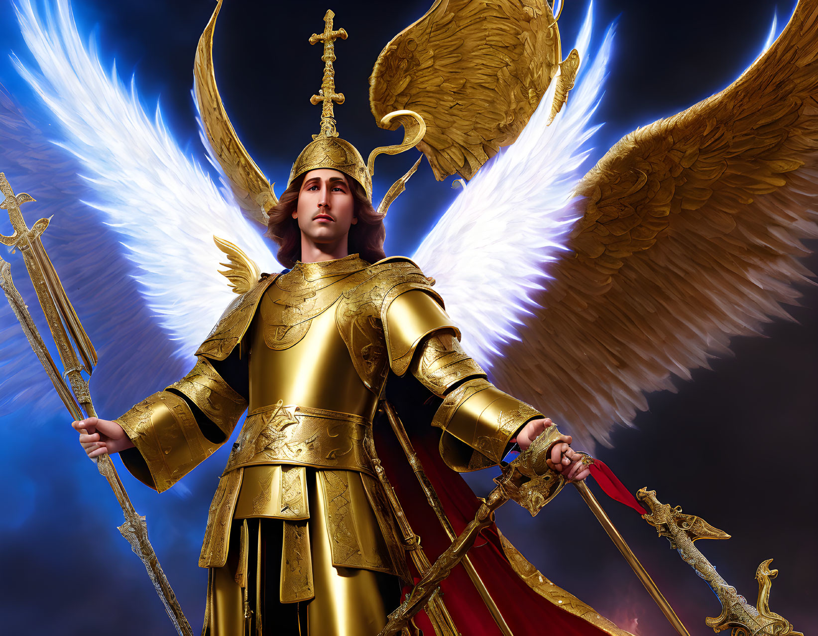 Golden-armored angel with wings, scepter, and sword against dramatic sky.