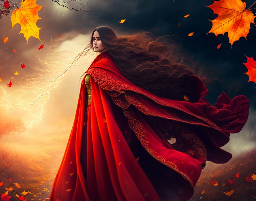 Woman in red cloak in stormy autumn scene with swirling leaves and lightning.