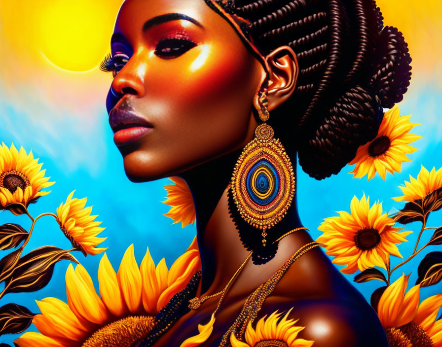 Vibrant portrait of a woman with sun-kissed skin in sunflower setting