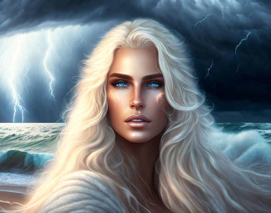Digital portrait of woman with blue eyes and blonde hair in stormy seascape