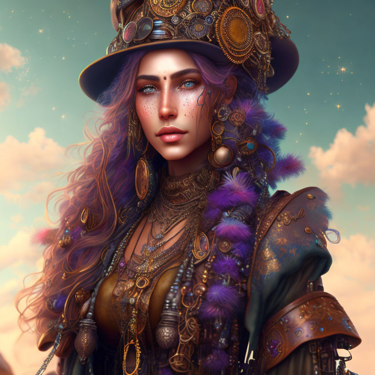 Digital artwork: Woman with red hair in steampunk hat and jewelry against cloudy sky