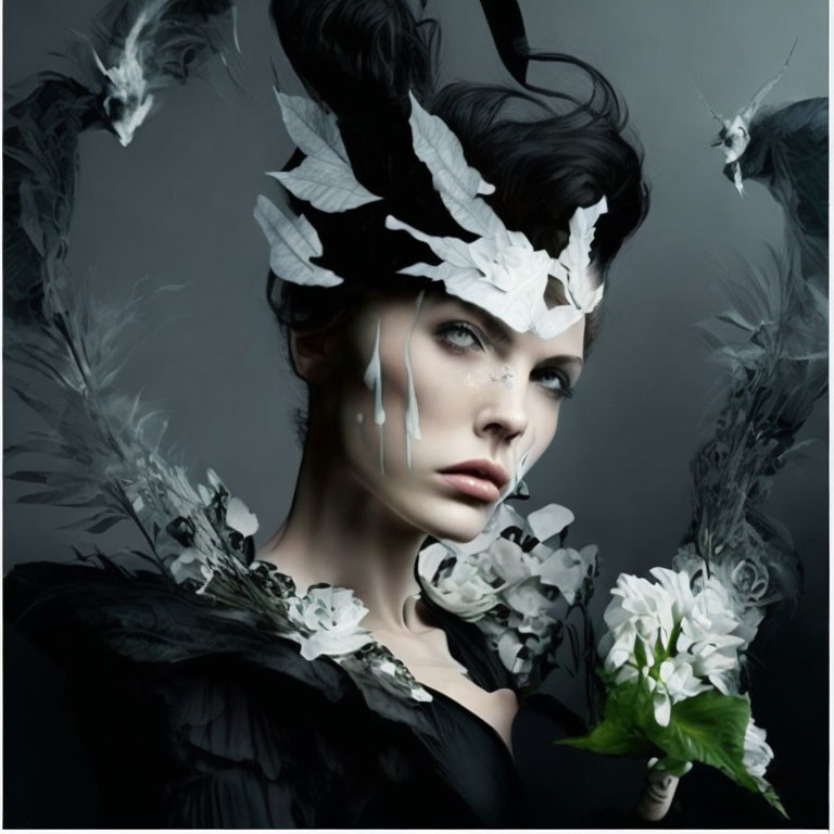 Woman with black and white makeup and feathers, surrounded by flying birds and holding flowers in dark setting