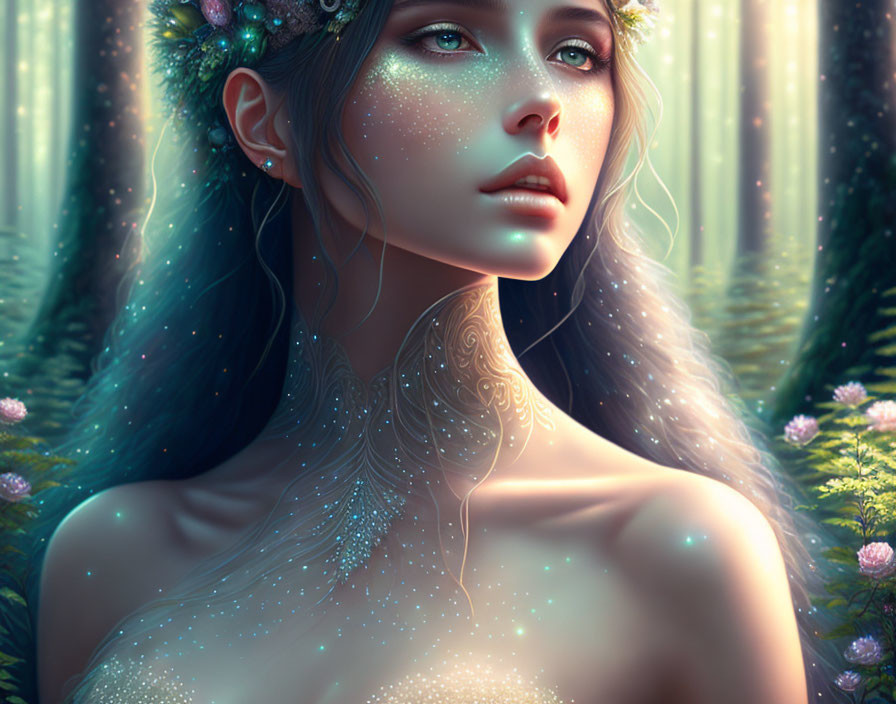 Digital artwork: Mystical woman with sparkling skin in lush forest.
