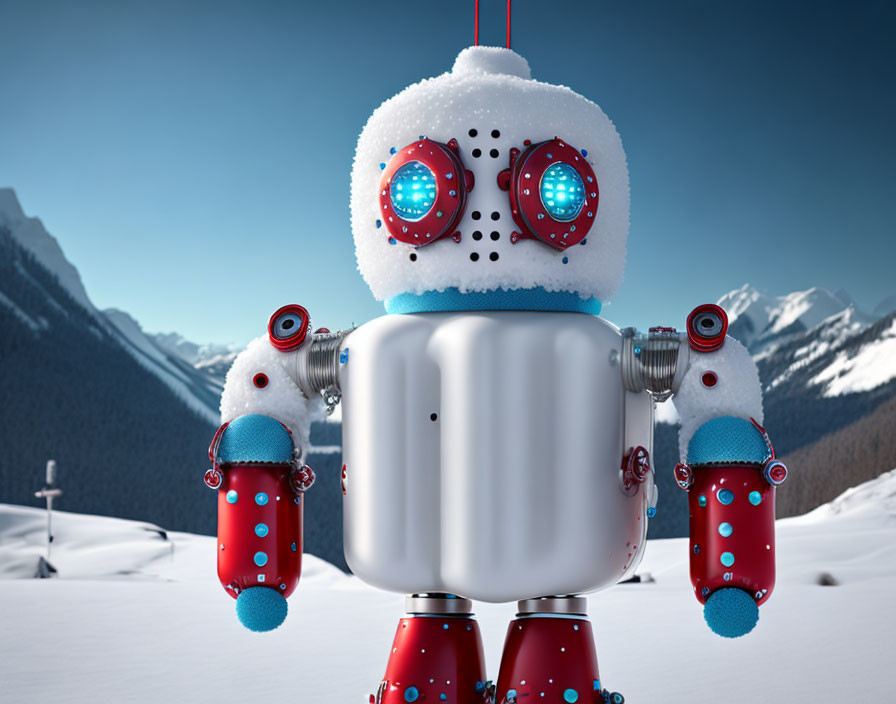 Snowflake-patterned robot in snowy mountain landscape